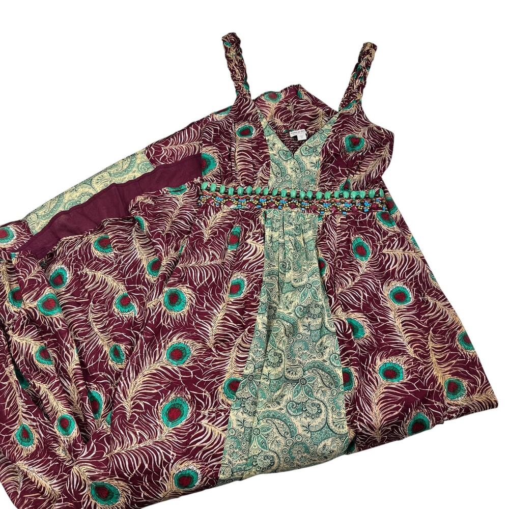 A Pea In The Pod Boho Hippie Feather Paisley Print Beaded Detail Maxi Dress M
